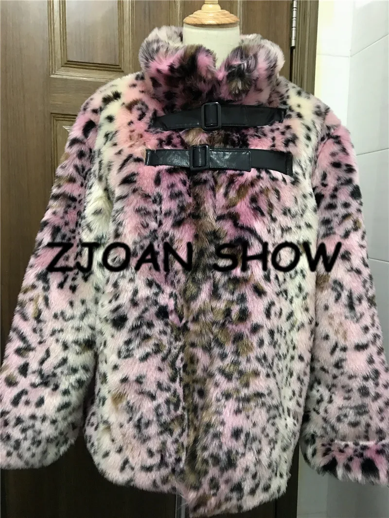 Winter Stand Collar Hairy Shaggy Faux Fur Leopard Coat Pink