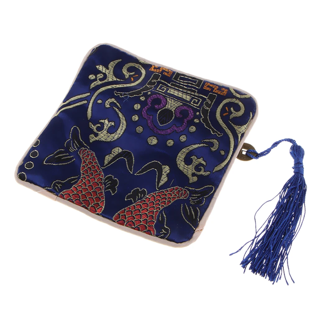 Vintage Guzheng Nail Tape Bag Pouch Chinese Element Silk Brocade Purse with Tassel Decor
