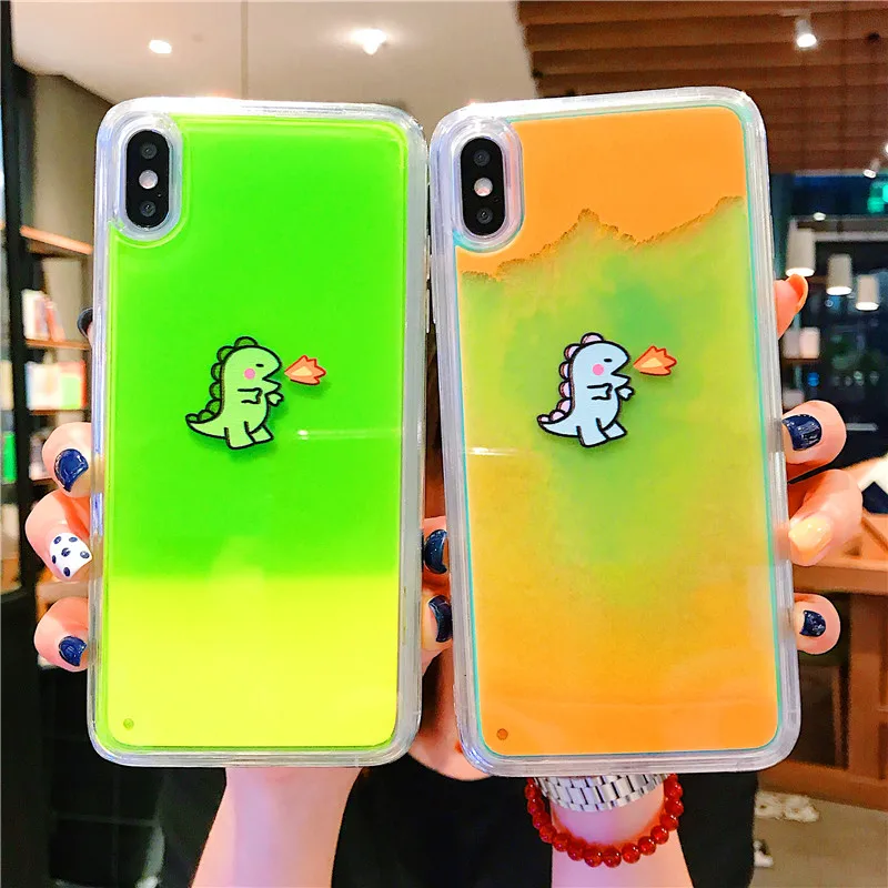 

New Fashion Noctilucent Dynamic Liquid Quicksand For iPhone 6 6S 7 8 Plus X XR XS Max Phone Cases dinosaur pattern Luminous Case