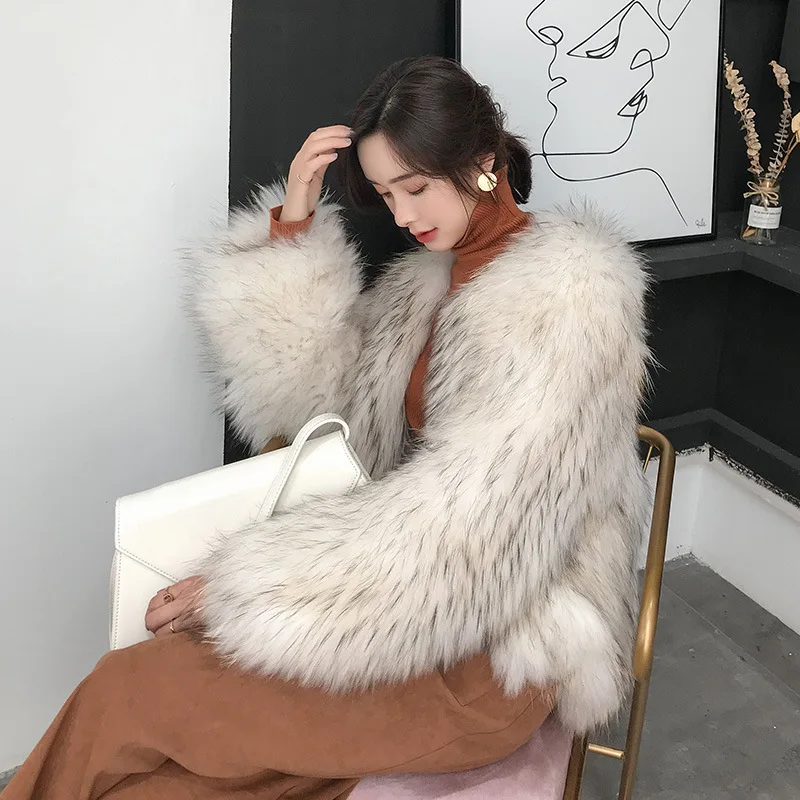 

Winter 2020 New Real Raccoon Dog Wool Woven Stripe Fur Coat High Quality Women Mid-Length Office Lady Long Sleeve Jacket Outwear