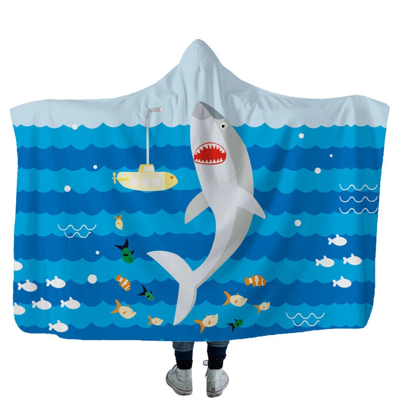Забавный мультфильм подводная лодка автомобиль акула узор зима портативный с капюшоном пледы одеяло дети взрослых мягкое теплое одеяло теплый удобный
