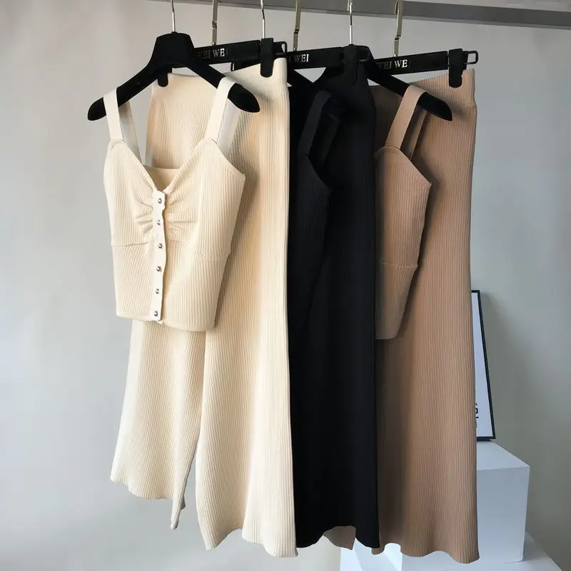 

Women Knit Vest+Wide Leg Pants Sets Solid Single Breasted Knitting Tops Trousers Suits