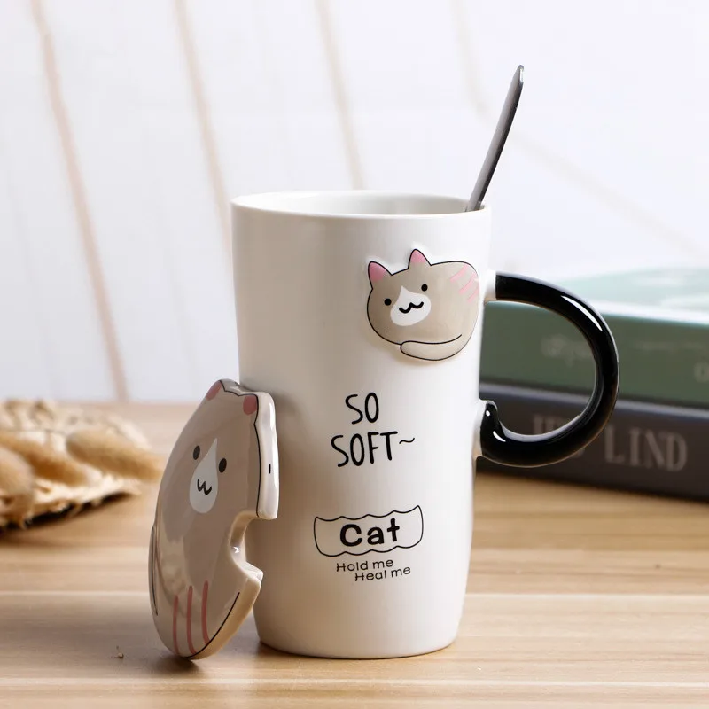 Grey cat Милая кошка керамическая чашка креативная рельефная кружка с крышкой Ложка пара чашка мультфильм кофейная чашка взрыв - Цвет: Grey cat