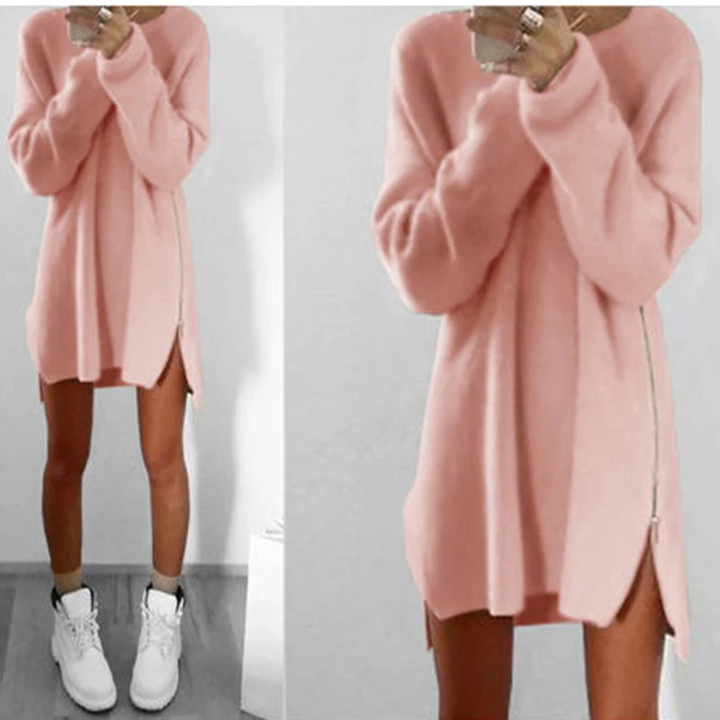 

Women Long Sleeve Autumn Winter Knitted Zippers Side Jumper Sweater Dress Loose Tunic Baggy Dresses KH931626