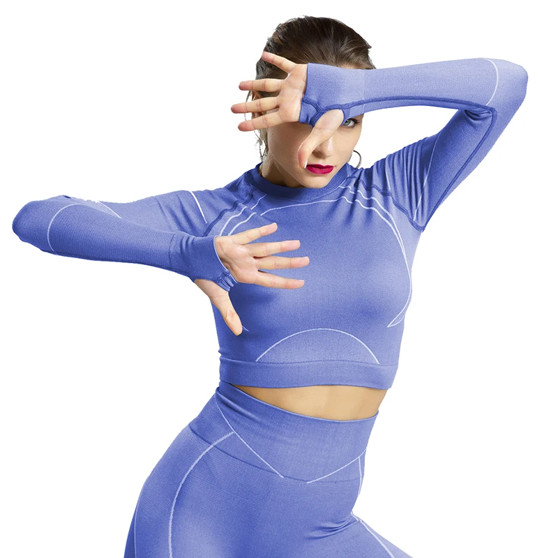 2pcs/set Vital Women Sport Suit Gym Blue Set Workout Clothes Long Sleeve Fitness Crop Top+ High Waist Energy Seamless Leggings