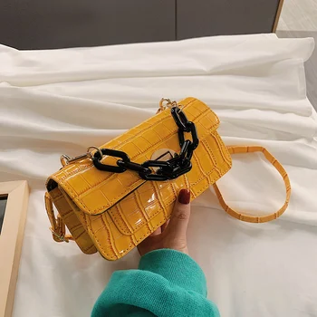 

Youth Ladies Small Square Bag Stone Pattern Thick Chain Women Shoulder Crossbody Bags Leather Messenger Totes