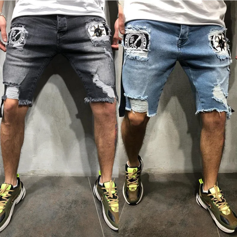 Men's Destroyed Ripped Jeans Shorts Slim Fit Badge Distressed Short ...