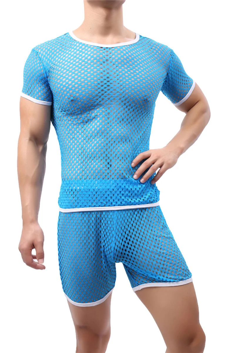 Sexy Mens Undershirts Mesh Short Sleeve See Through T Shirts Loose Short Pajama Pants Sport Fitness Men Clothes Set Underwear