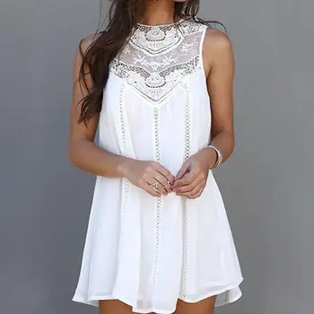 

Newest Women Casual Solid Color Lace Stitching O Neck Sleeveless Blouse Mini Dress