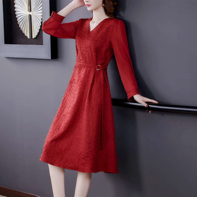 Spring Autumn Red Jaquard Long Sleeve Midi Dress Women Korean Vintage Solid Casual Dress 2022