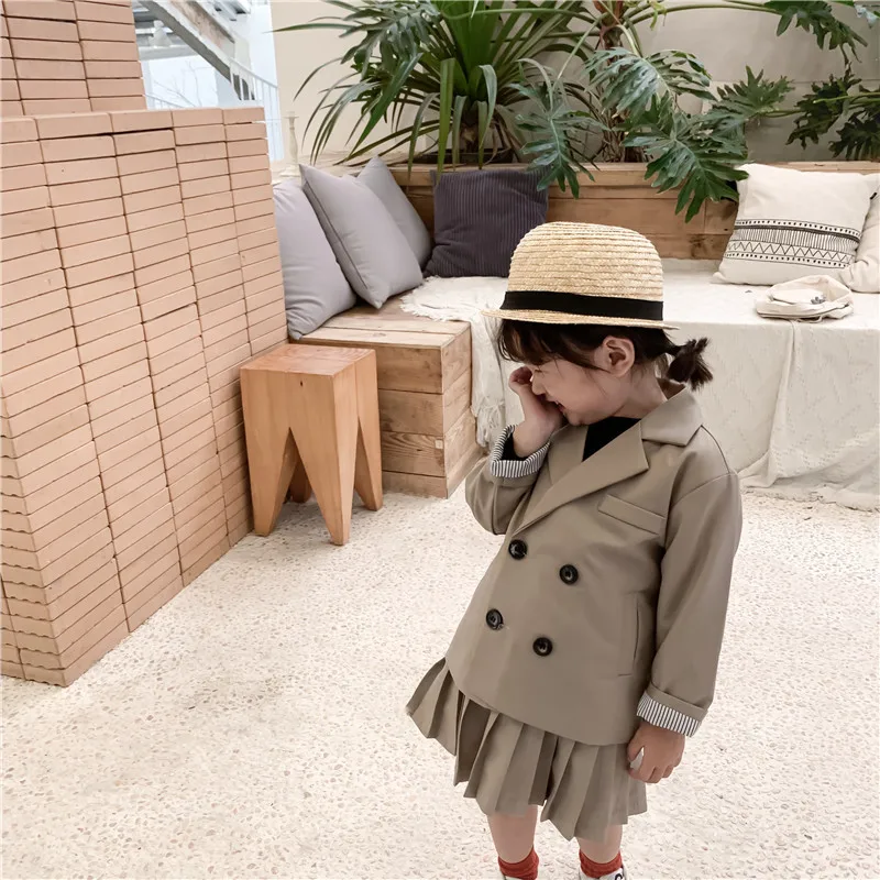 

New Fall Korean Style Infant Girls Tailored Suits Kids Children Double Breasted Suit with Pleated Skirts Two Pcs Kids Baby Suits