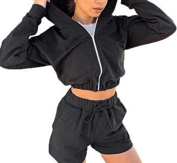 

Autumn New Fashion 2Pcs Soft Purple Sporty Clothing Womens Long Sleeve Zipper Hooded Hoodies Drawstrings High Wait Shorts Sets
