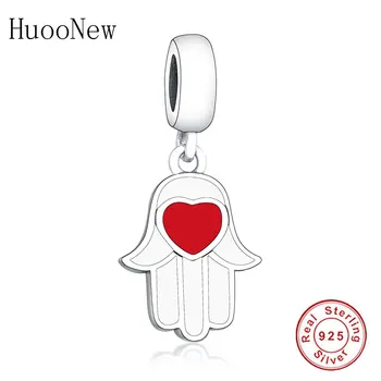 

Fit Original Pandora Charm Bracelet 925 Sterling Silver Fatima Hand Amulet Enamel Heart Plam Bead Pendant Making Berloque 2019