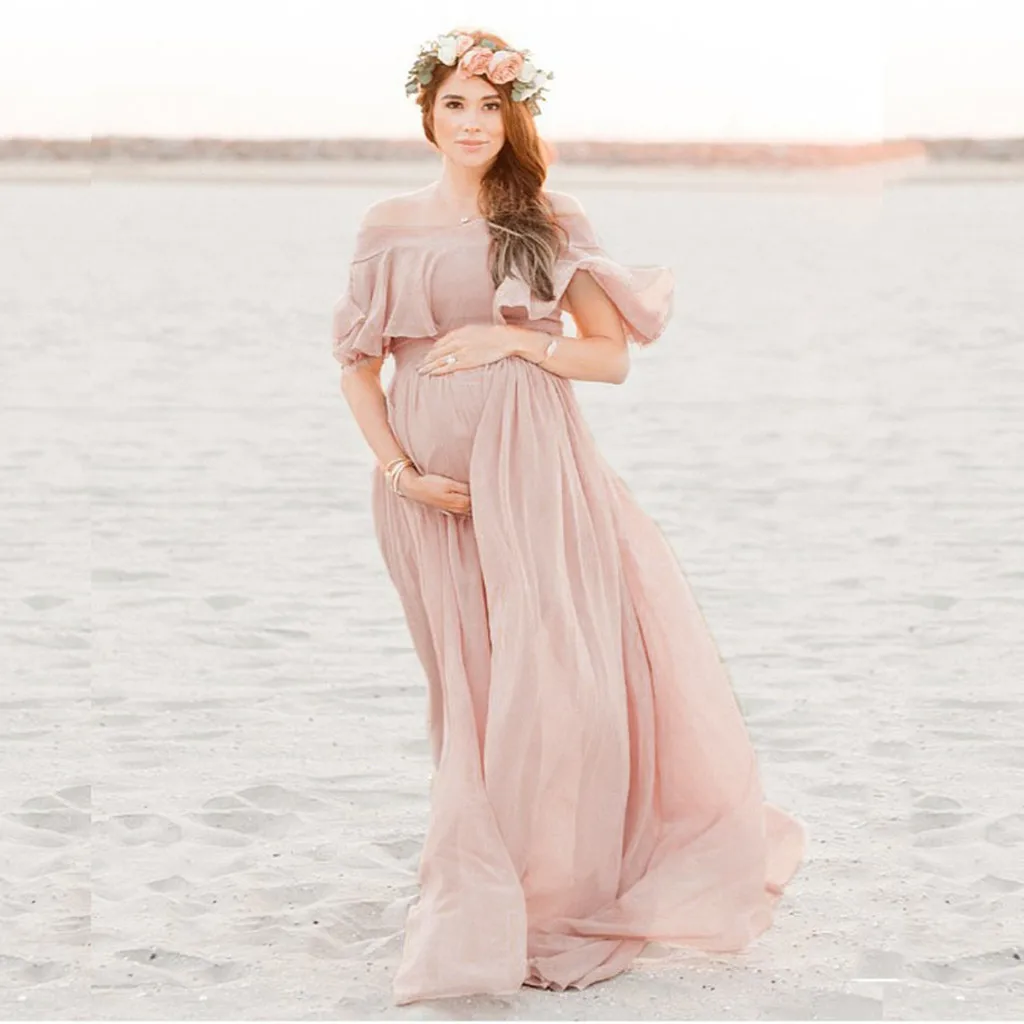 

Women Pregnants Maternity Photography Props Shoulderless Ruffles Solid Dress Bohemian Pregnants maternity dress Photography