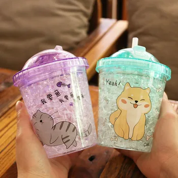 

New Creative Summer Ice Coffee Water Cup With Straw Reusable Plastic Shaker Cups Cartoon Cute Student Adult Straw Cups 300 ml