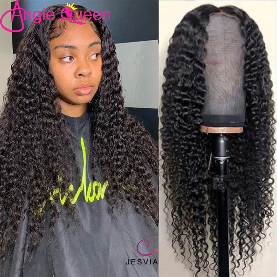 Deep Wave Lace Closure Human Hair Wigs ANGIE QUEEN Pre Pluked 2x6 Lace part Natural Color Malaysia 150%Density Non-Remy Hair Wig
