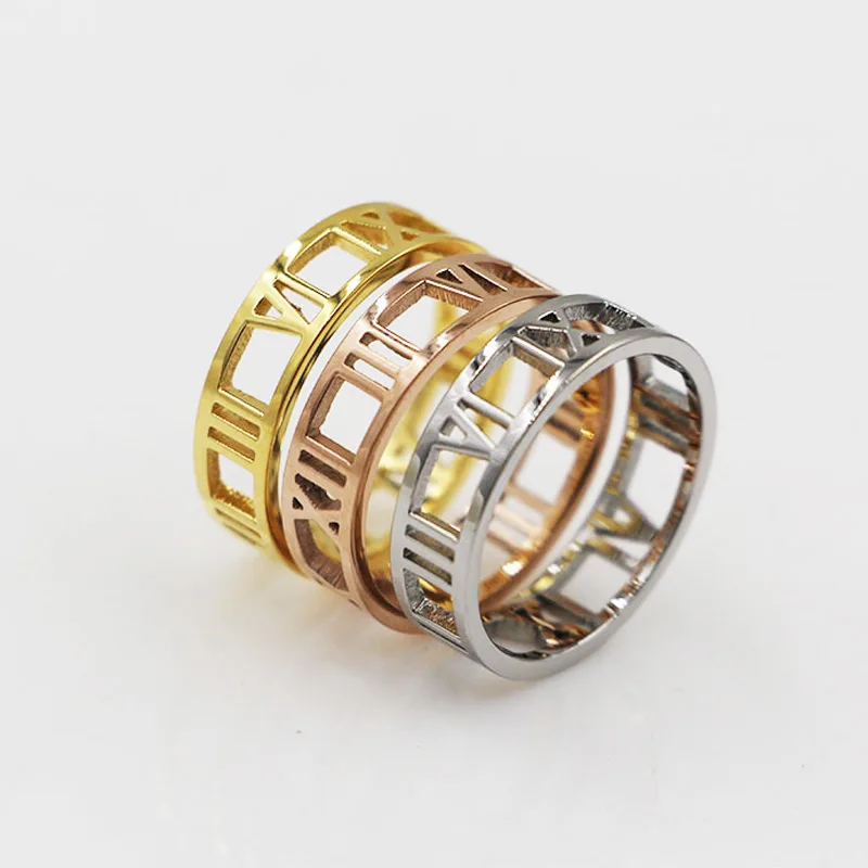 Классические модные золотые полые римские цифры Модные Bijoux 316L из нержавеющей стали начальные кольца для женщин мужской размер