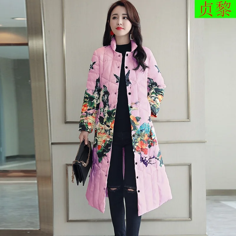 

2018 Winter New Style Retro Chinese-style Printed Thin down Jacket Cotton-padded Clothes Women's Korean-style off Season Mid-len