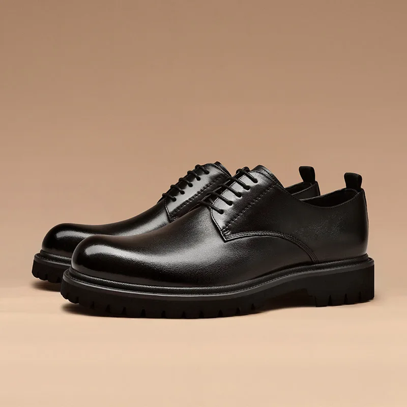 Men Derby Shoes Calfskin Leather Waxing Round Toe Lace-Up Platform Gentleman Business Dress Shoes Handmade 55503