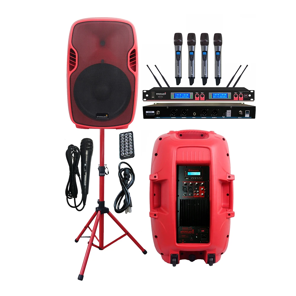 

STARAUDIO 3500W 15" Active DJ PA Powered BT Speaker System DJ Speaker Stand 4 Channel UHF Wireless Handheld Microphone SSRM-15