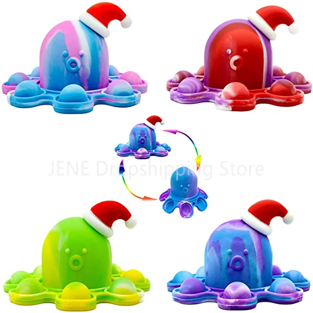 

Tie-Dye Mini Reversible Octopus Push Bubble Pop Flip Octopus with Chrismas Hat Fidget Popper KeyChain Sensory Toy