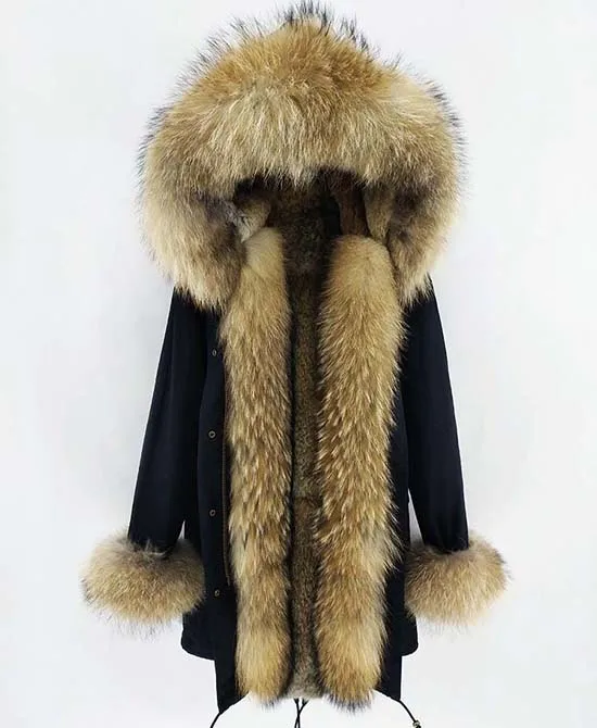 Raccoon 1 Зимняя женская куртка, Женское пальто с натуральным мехом, длинная парка с капюшоном, Воротник из натурального Лисьего меха, подкладка из натурального кроличьего меха, толстая теплая парка - Цвет: Raccoon 1