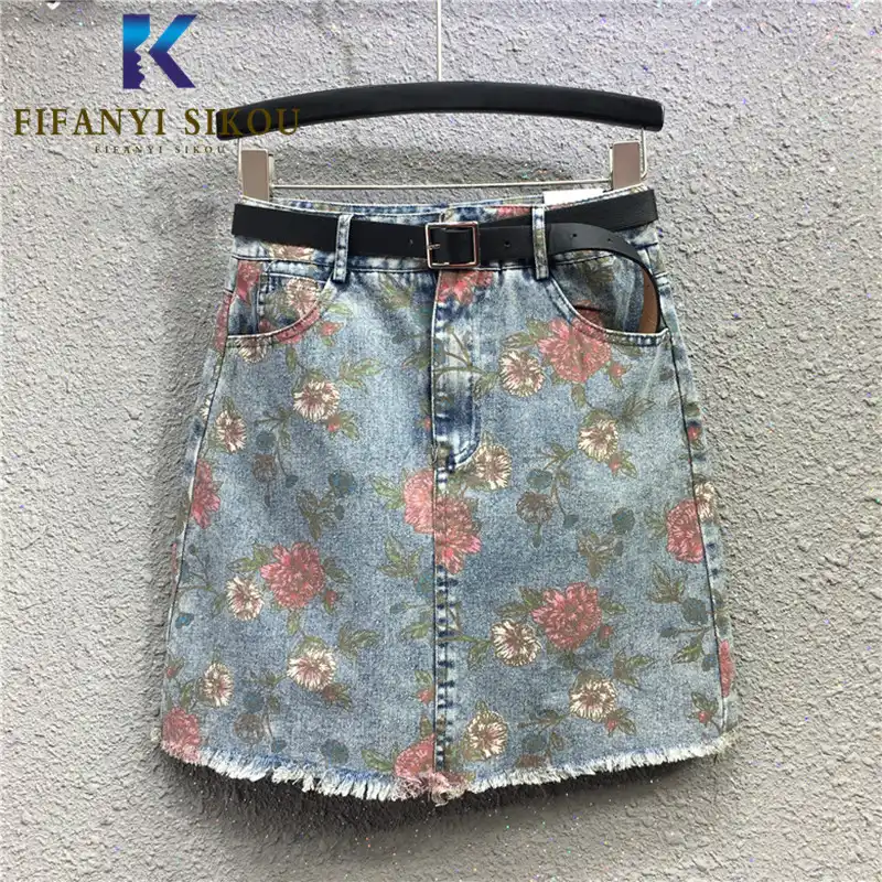 floral print denim skirt
