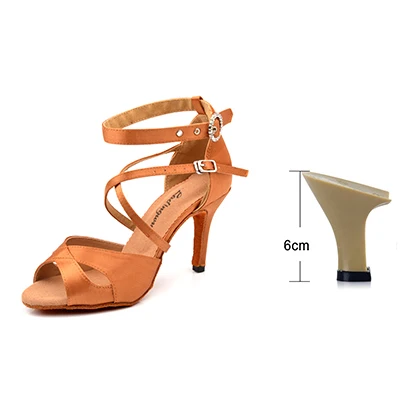 Ladingwu/туфли для латинских танцев; женские бронзовые атласные танцевальные туфли для танго и сальсы; круглая пряжка со стразами; бальные туфли для танцев - Цвет: Brown 6cm