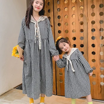 

Fashion Women Girls Loose Family Dress Spring Autumn Long Sleeve Plaid Long Dresses Family Matching Clothes Family Outfits