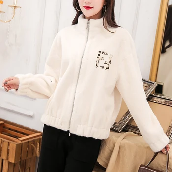 

DK Mink Stand Collar Women Fashion Coat Winter Warm Faux Fur Streetwear Female Plush Overcoat Leopard Print Pocket Decoration