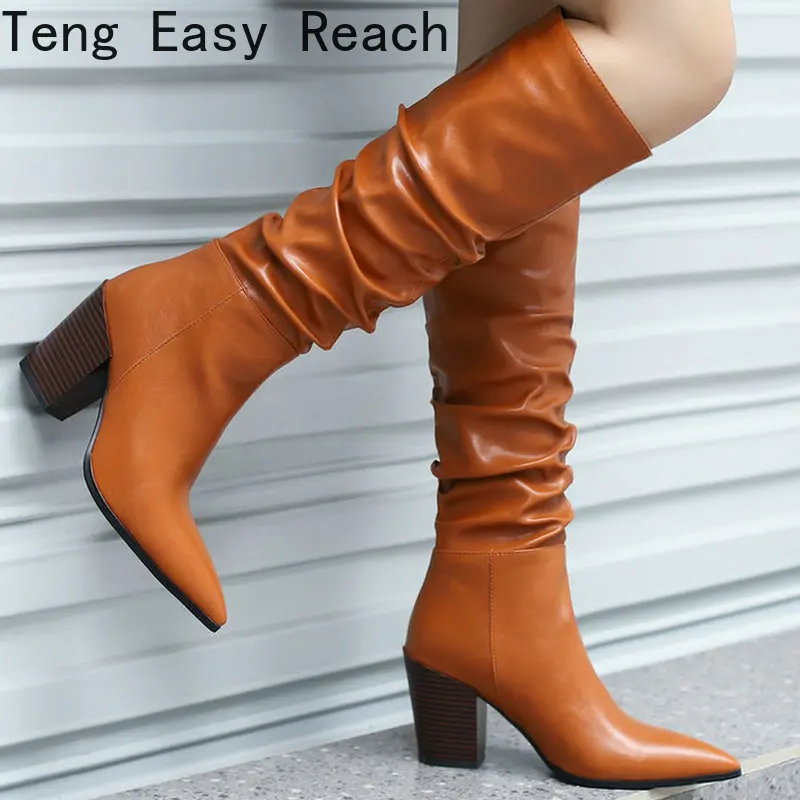 

Winter Knee High Boots Women Pleated Heels Long Boots Pointed Toe High Heel Shoes Ladies Fall Knight Boot Footwear Femmes Bottes