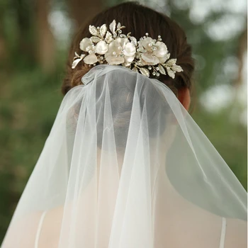 

Light Gold Color Floral Hair Comb Wedding Accessories Pearls Bridal Hair Jewelry Piece Hand wired Women Headpiece