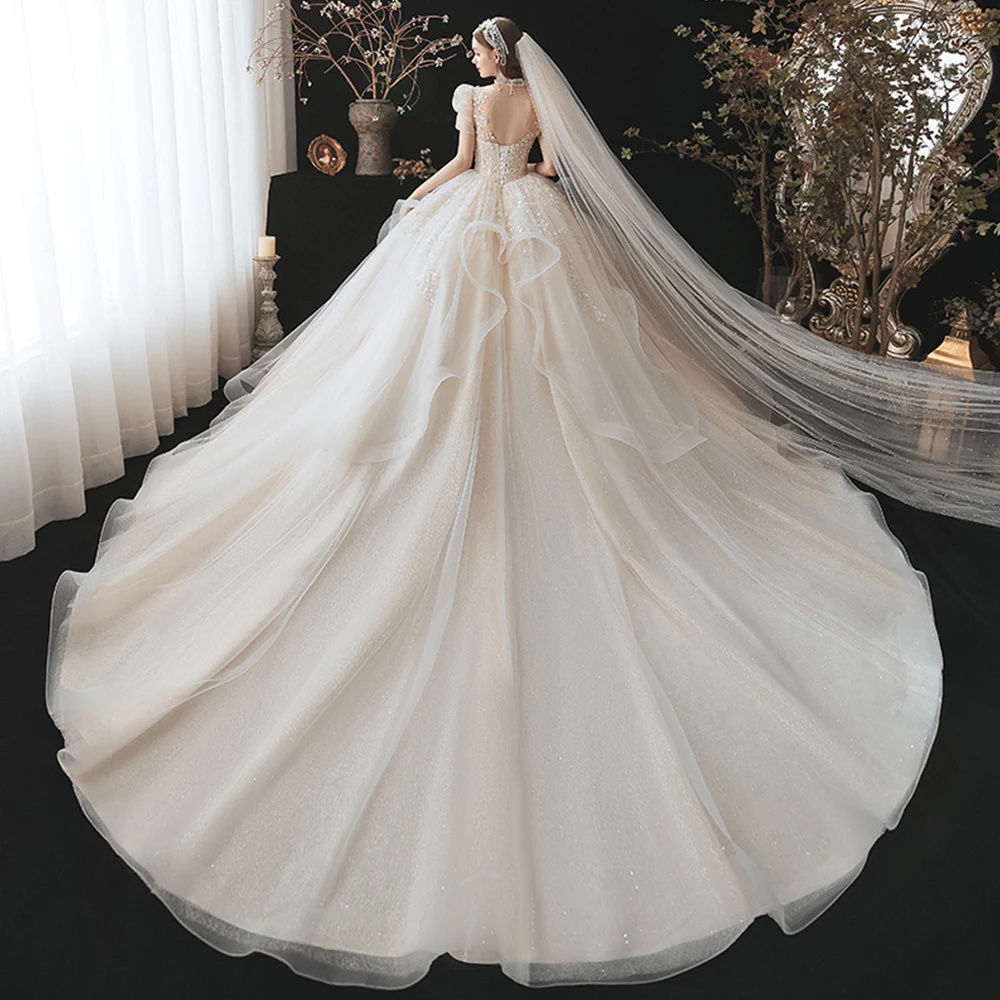 Robe De Soirée De Mariage Pearls High Neck Ball Gown Wedding Dresses Luxury Suknia Slubna Tulle Vintage Vestidos De Novia ball gown wedding dress