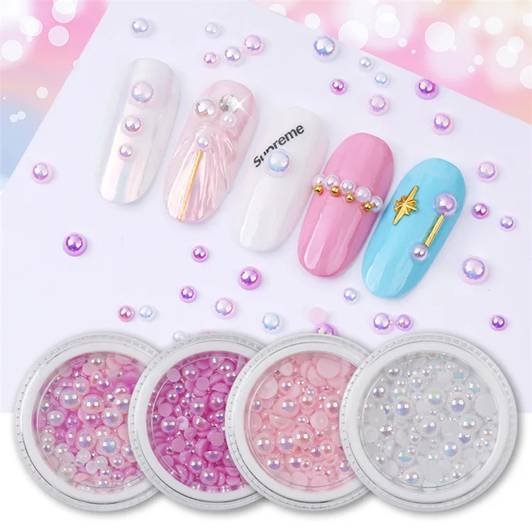 

New 1 Box Nail Art AB White/Pink/Purple Semicircle Pearl Symphony Mermaid Half Round Pearl Flat-back Nail Art Decoration Jewelry