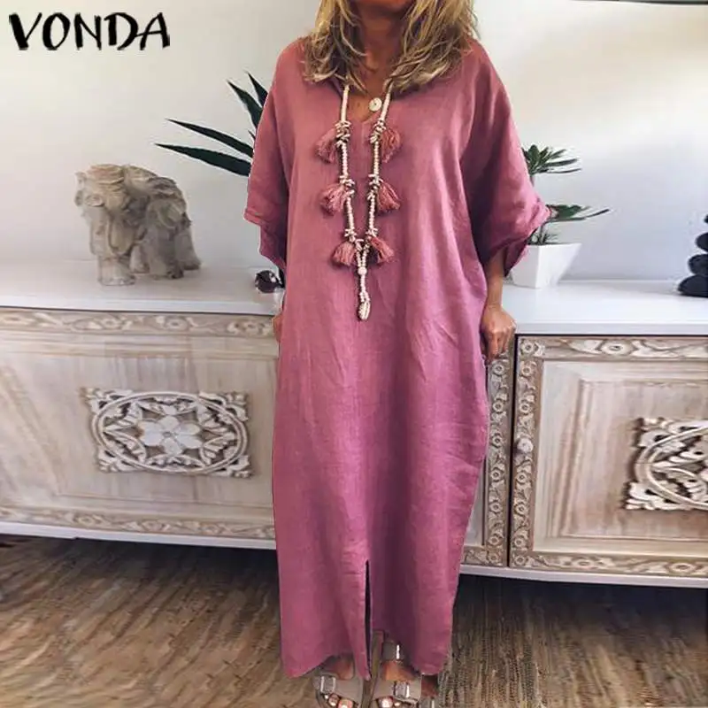 VONDA, женское длинное платье макси, весна-лето, винтажное платье с коротким рукавом размера плюс, повседневное свободное платье, богемное платье