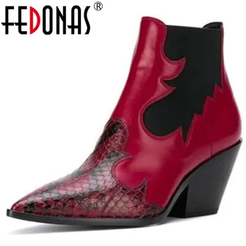 

FEDONAS New Prints Patchwork Genuine Leather Women Ankle Boots Fashion Big Size Western Boots High Heels Night Club Shoes Woman