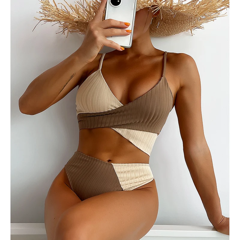 High Waist Feminine Bikinis Patchwork Swimwear Ribbed Women's Swimsuit 2022 Cross Wrap Beachwear Push Up Biquini Bathing Suits swimsuits for women