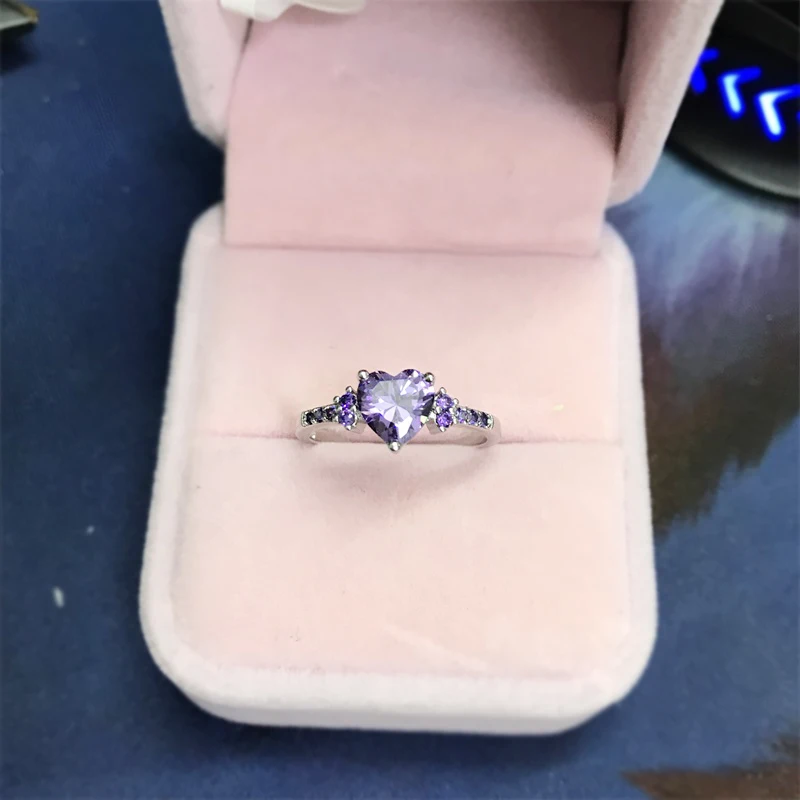 Free Sent Certificate Fashion Women Wedding Jewelry Cute Heart Heart Design Purple Crystl Amethyst Silver 925 Ring Dropshipping - Image 3