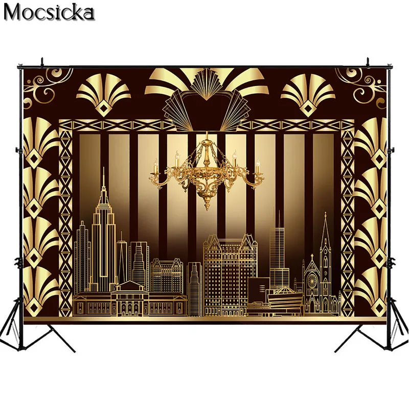 Mocsicka Great Gatsby Theme Birthday Party Photography Backdrop Retro Gold  Building Adult Birthday Decor Background Photocall