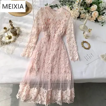 

2020 Women's Dress Design Sense Super Fairy Mesh Stitching Dress Waist Sexy Openwork Lace A-line Dress Ladies Long Party Dress