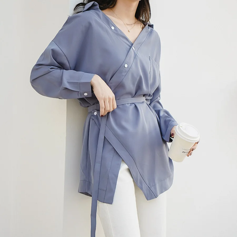 

Temperament Irregular V-neck Women Shirt 2019 Autumn New Chiffon Shirt Women Casual Loose Long Sleeves Oblique Lace Shirt Women