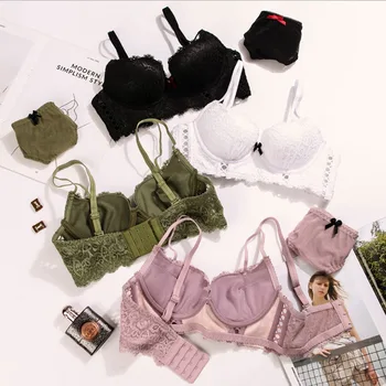 

Three dimensional embroidery Light and breathable lace with steel ring sexy gathered girls bow bra set