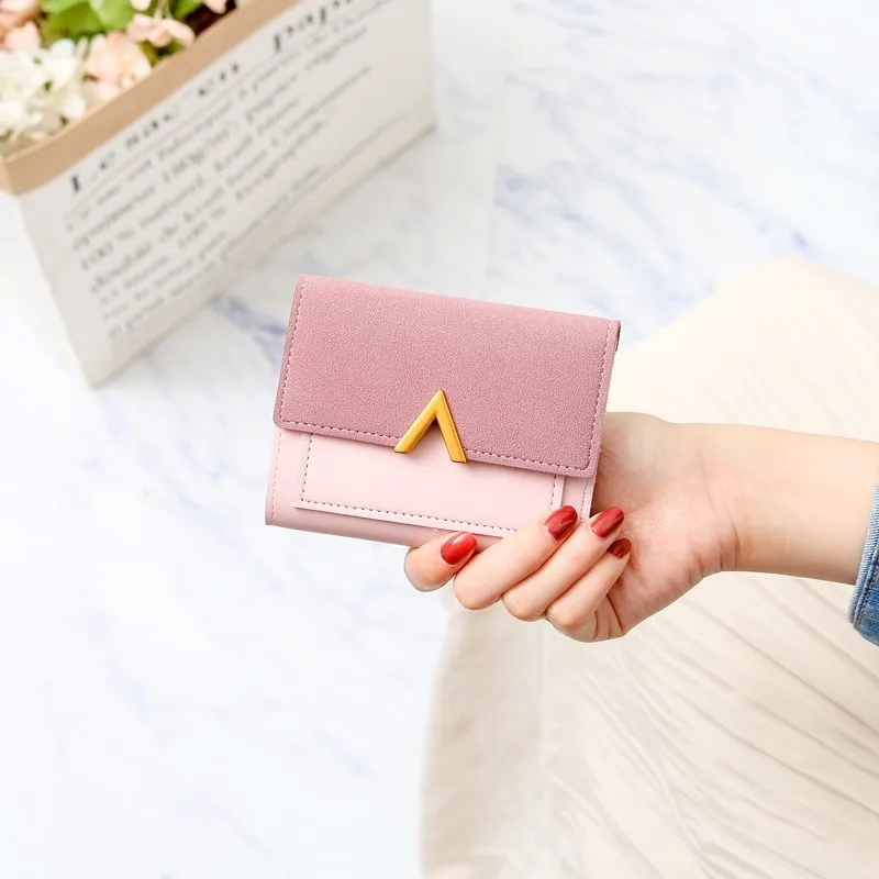 Pink Metal V-shaped Decorative Purse Abrasive Retro Short Wallet New Simple Buckle Wallet Coin Purse Cards ID Holder Clutch - Цвет: Pink