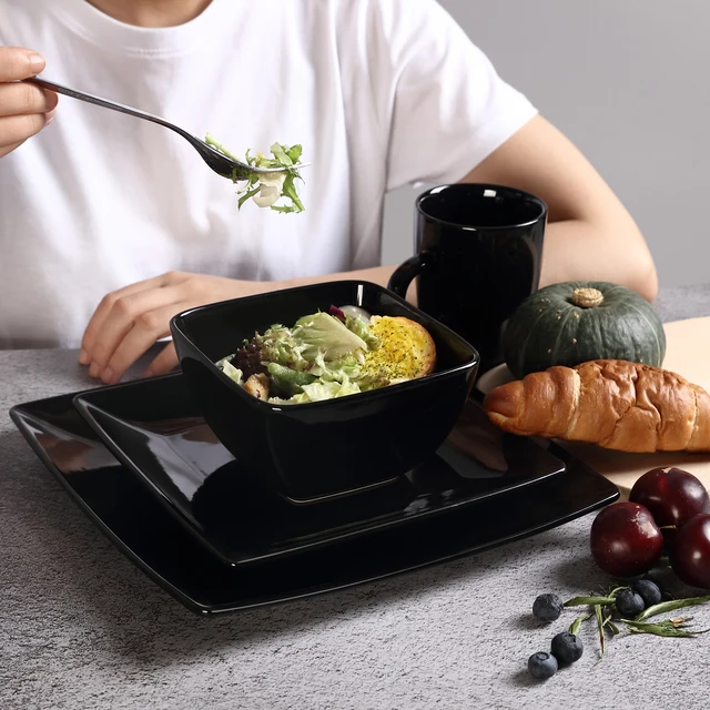 Vancasso Soho 16/32/48 Darab Fekete Kerámia Porcelán Négyzet Alakú Étkészlet Vacsora Tányérral, Desszert Tányér, Tál, 240 Ml Bögre Szett - Image 3