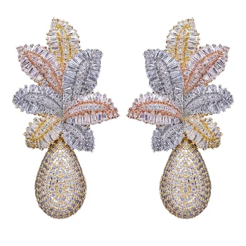 

Large Long Bridal Wedding Earrings European and American Luxury Ladder Zircon Tricolor Earrings Tropical Pineapple Large Earring