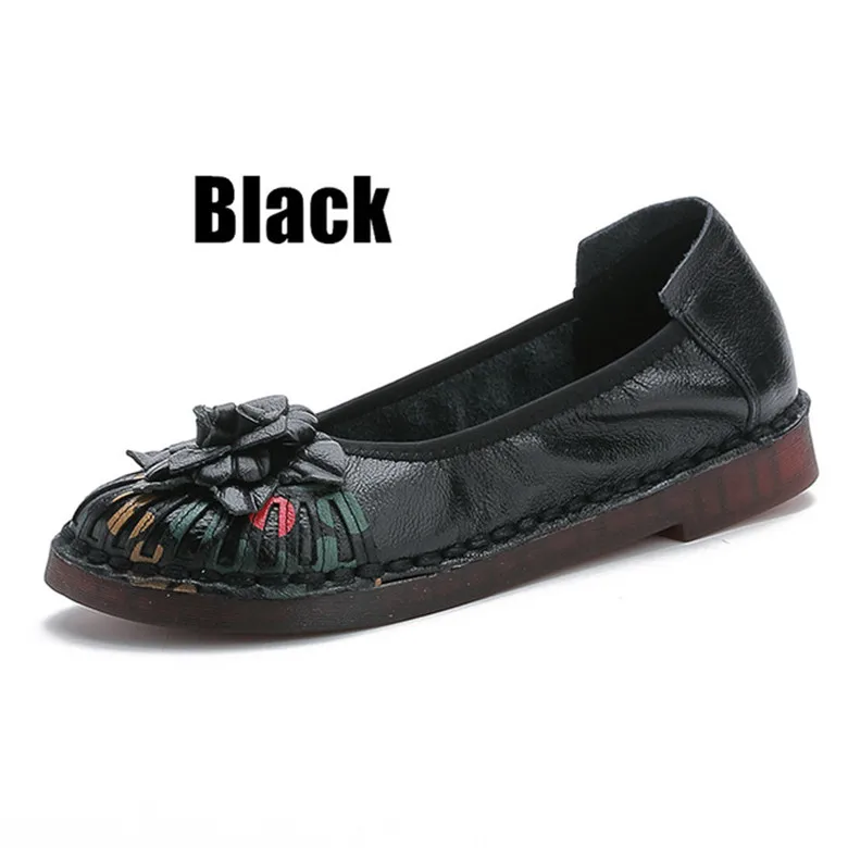 CEYANEAO/Женская обувь из натуральной кожи; Мокасины без каблука с цветочным узором; слипоны в стиле ретро; мягкая обувь в этническом стиле; размеры 36-41 - Цвет: Черный