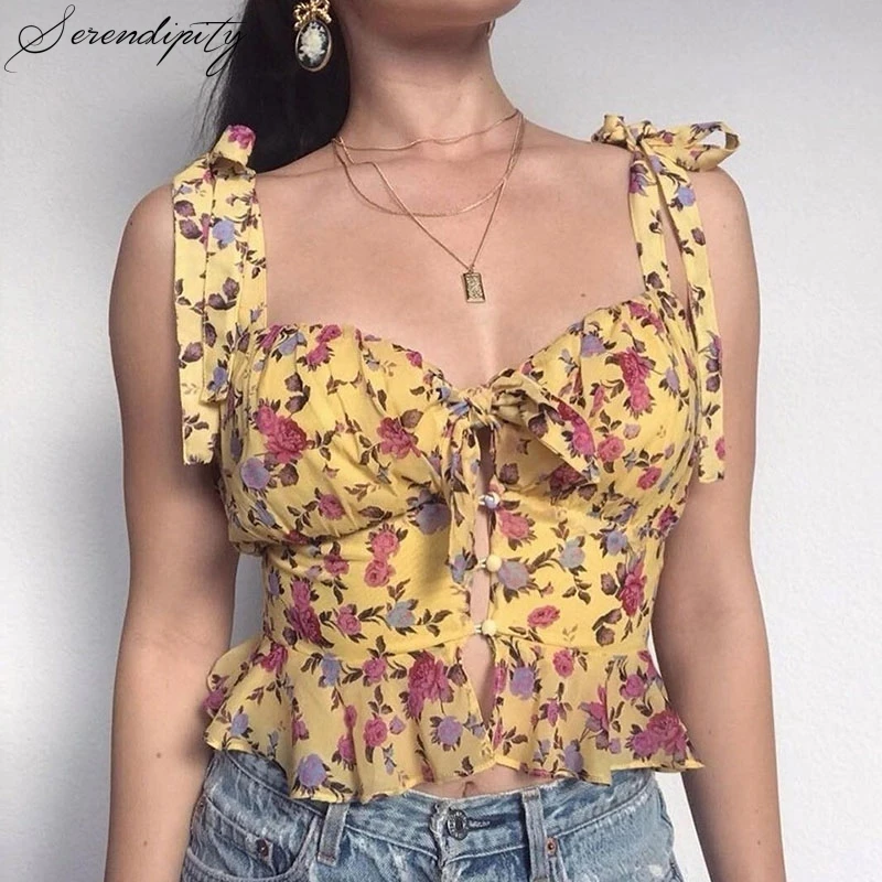 SRDP Boho Цветочный Принт Ретро Короткие топики женские укороченные топы с открытой спиной футболки Feminino повседневные летние пляжные милые девушки шифон Топик с оборкой