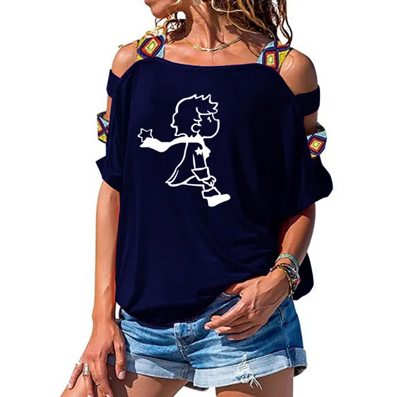 Женская футболка с коротким рукавом и милым маленьким принцем, летняя модная одежда, Женская Сексуальная футболка с открытыми плечами