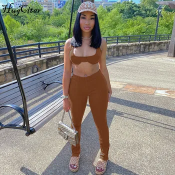 

Hugcitar 2020 sleeveless sexy extra crop top slit leggings 2 piece set autumn winter women fashion streetwear outfits tracksuit