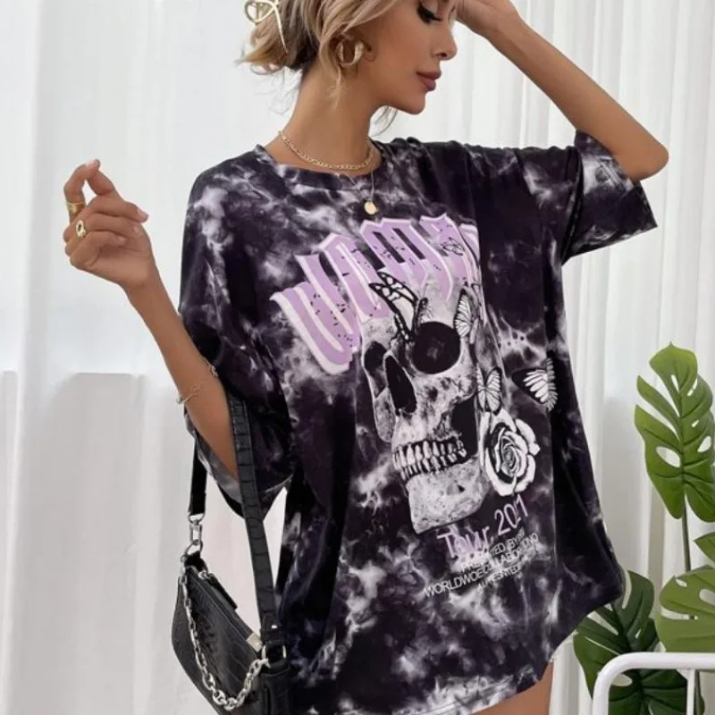 

2021 summer tie-dye printing Halloween skull European and American urban casual round neck short-sleeved pullover T-shirt